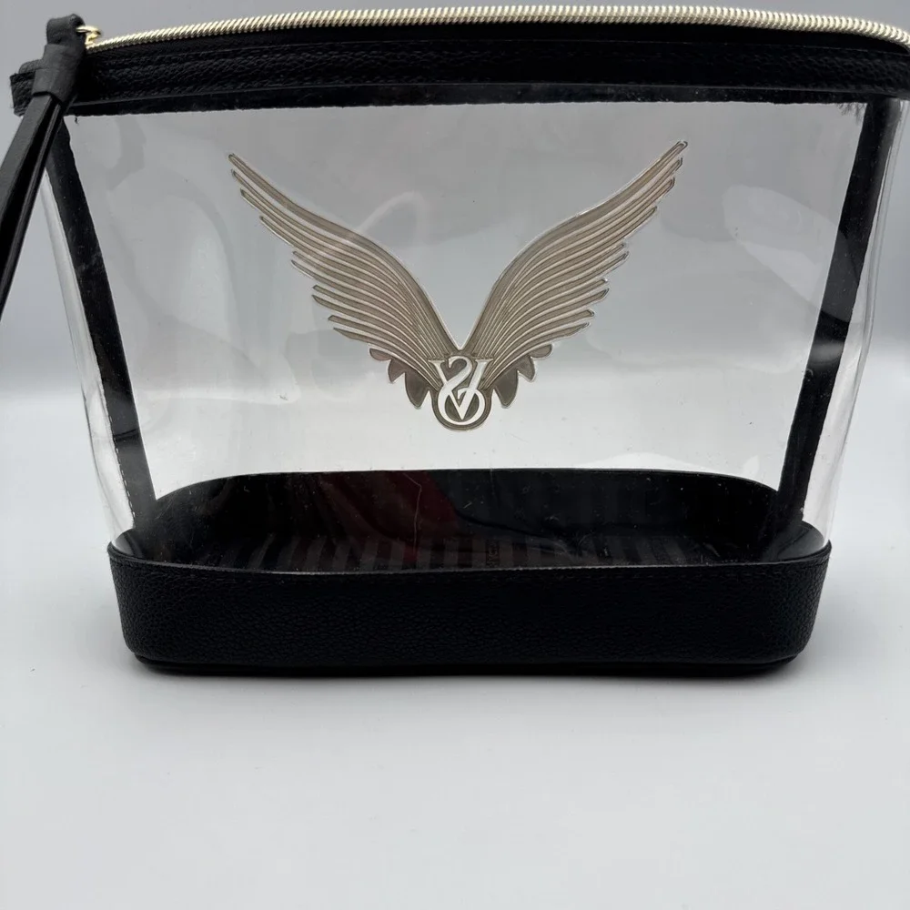 Victoria's Secret Clear Black Makeup Bag‎ PVC Faux Leather Gold Angel Wings